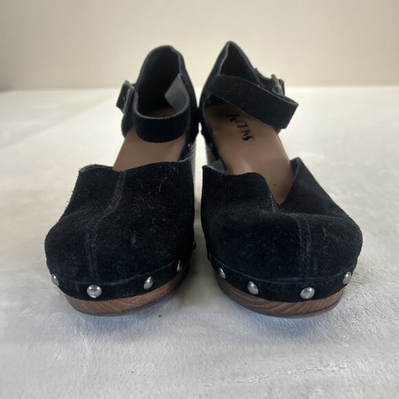 Korks Evah Clog Chunky Wood Block Heel Black Suede Leather Studded Strap Y2K 7.5 - Picture 3 of 13